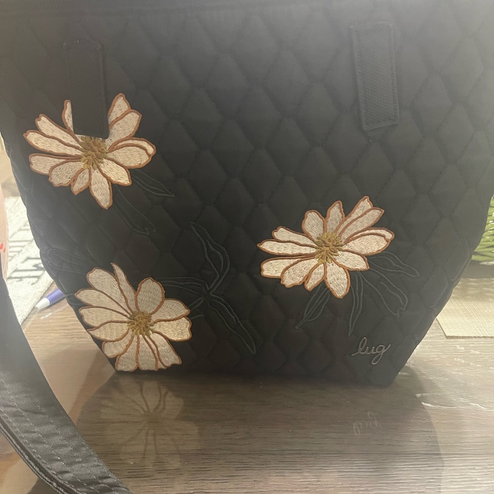 Lug Quilted Black Tote with Floral Embroidery